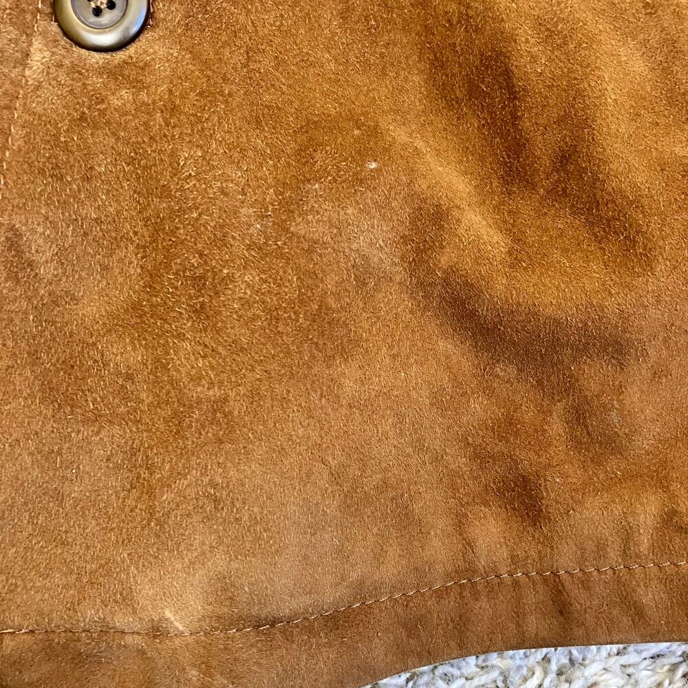 Mens Sz S Vintage 90s Brown Suede Jacket Button Front boxy Fit Hip Length Worn - Picture 9 of 16